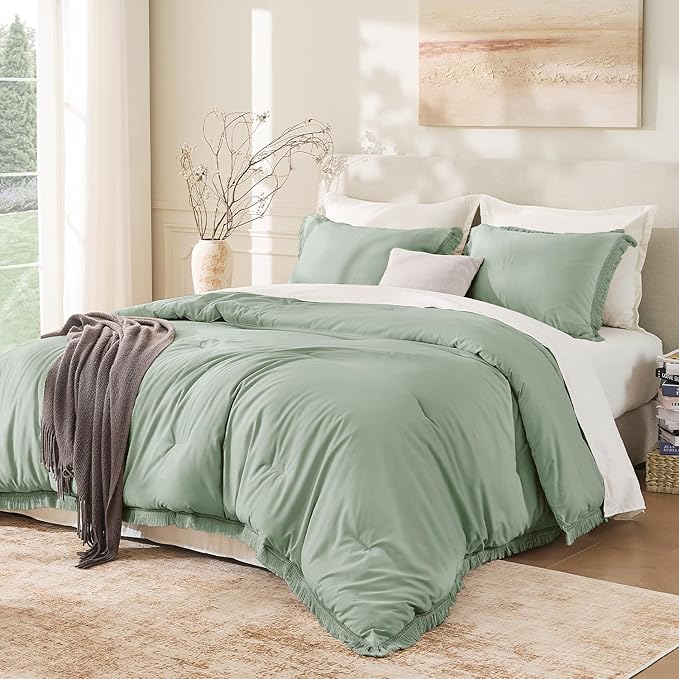 Andency Queen Comforter Set Sage Green, 3 Pieces Boho Tassel Lightweight by Andency