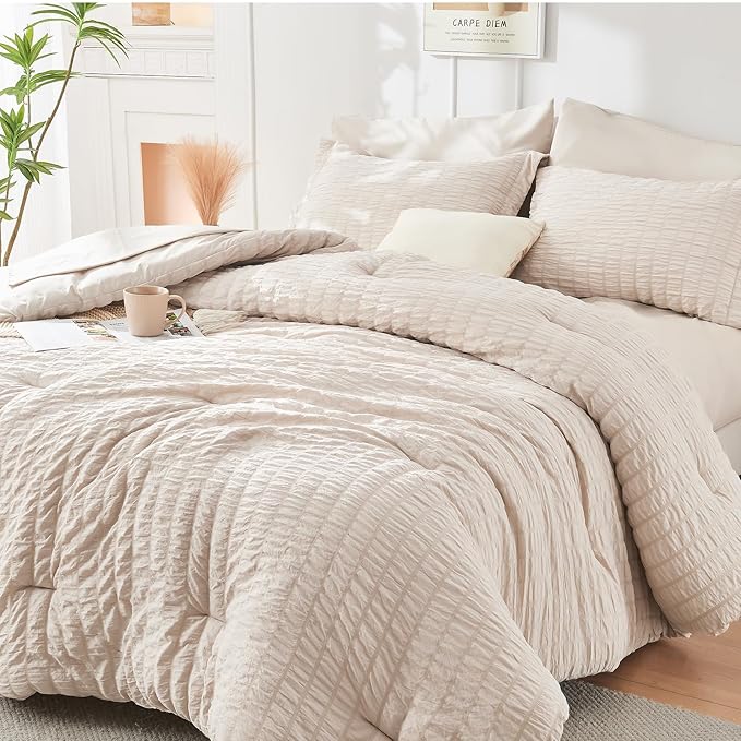 HYMOKEGE Beige California King Comforter Set Seersucker 7 Pieces, All Season by HYMOKEGE