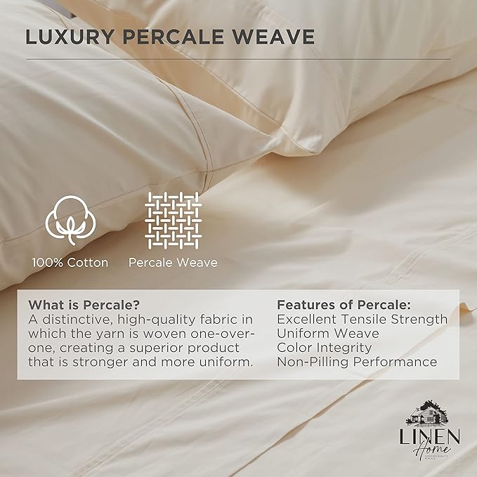 Linen Home 100% Cotton Percale Weave Fitted Sheet Twin Size, Ivory – Crisp - Image 2