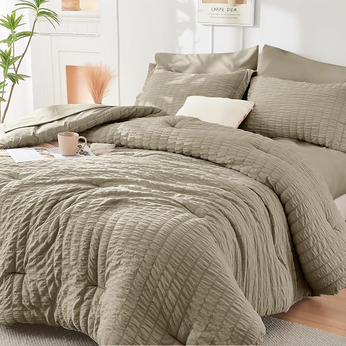 HYMOKEGE Linen King Size Comforter Set Seersucker 7 Pieces, All Season Luxury by HYMOKEGE