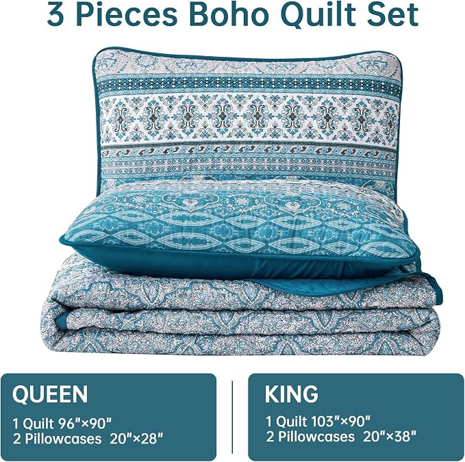 WONGS BEDDING Boho Queen Quilt Set, Teal and Blue Bohemian Quilt Bedding Set - Image 7