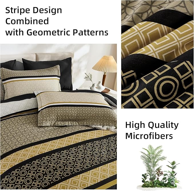 WONGS BEDDING Yellow Black King Comforter Set 7 Pieces, Boho Striped Bed in a - Image 7