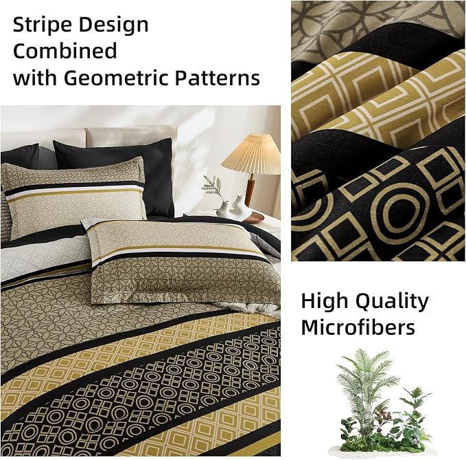 WONGS BEDDING Yellow Black Queen Comforter Set 7 Pieces, Boho Striped Bed in a - Image 7