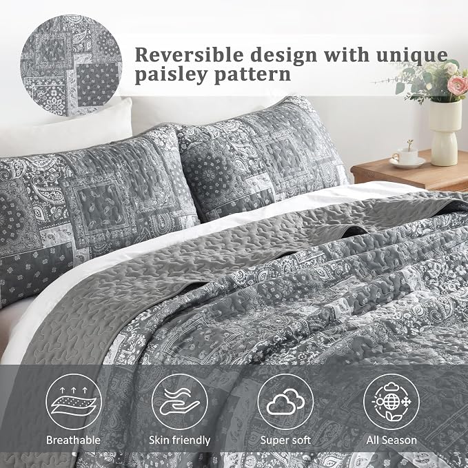 Cottolester Grey Quilt Set Queen Size, 3 Pieces Boho Patchwork Paisley Quilt Set - Image 3