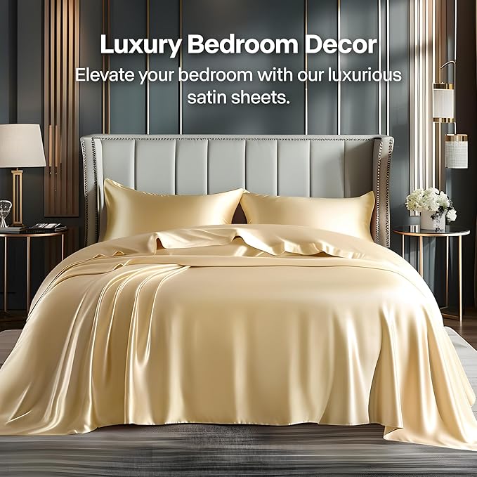 BEDELITE Satin Sheets Queen Size Bed Set, Luxury Soft Champagne Silky Sheets - Image 2
