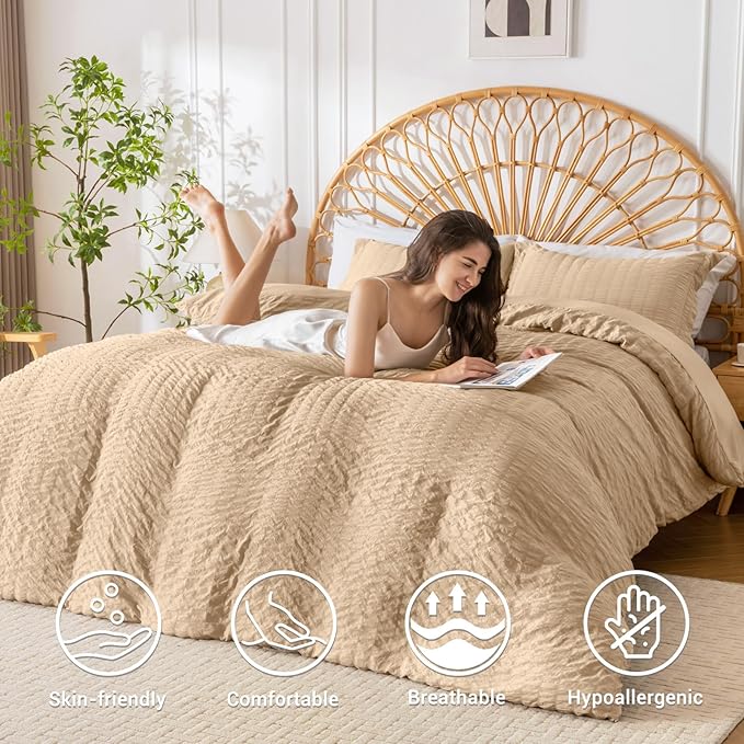 HYMOKEGE Khaki Duvet Cover Full Size, Ultra Soft 3-Piece Seersucker Duvet Cover - Image 2