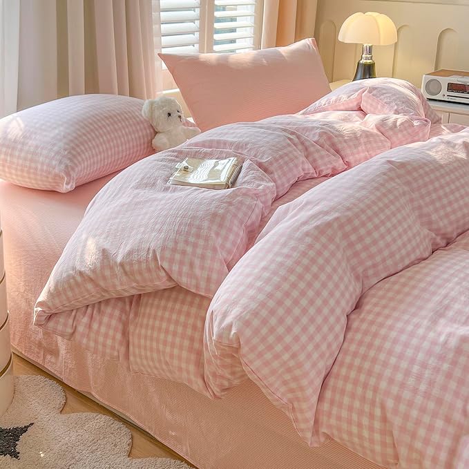 mixinni Light Pink Gingham Duvet Cover Set Queen Size - Image 3
