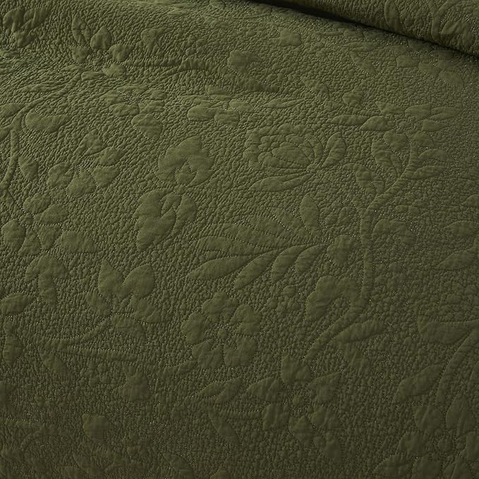 Brandream Olive Green Floral Vine Cotton Quilt Set King Size Luxury Scalloped - Image 4