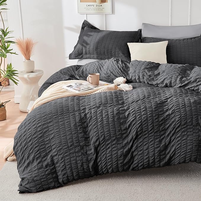 HYMOKEGE Dark Grey/Light Grey Queen Comforter Set Seersucker 7 Pieces, All - Image 2