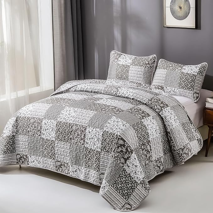 Mybedsoul Grey Boho Quilt Set King Size, 3 Pieces Plaid Floral Bedspread - Image 2