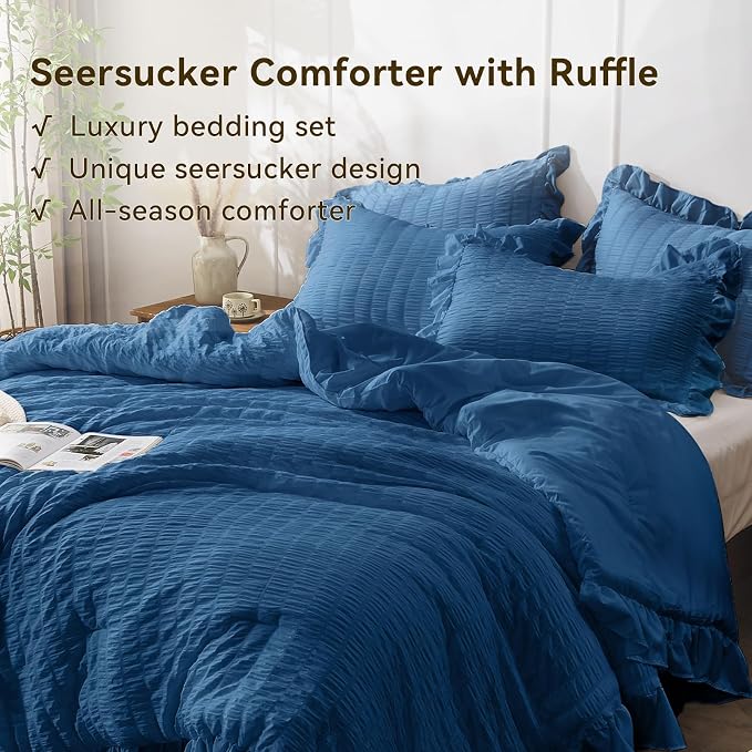 JOLLYVOGUE Teal King Comforter Set, 3 Pieces Seersucker Comforters King Size - Image 3