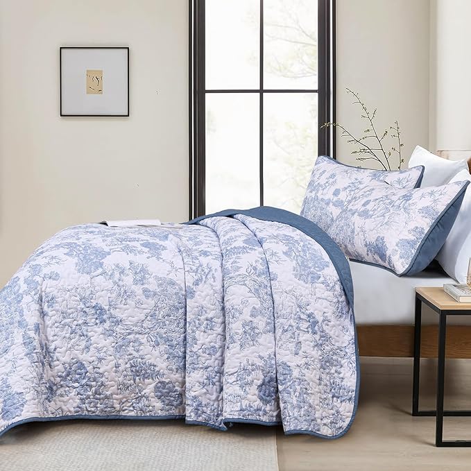 WONGS BEDDING Blue Quilt Set Queen Size, 3 Pieces Botanical Bedspreads Set - Image 3
