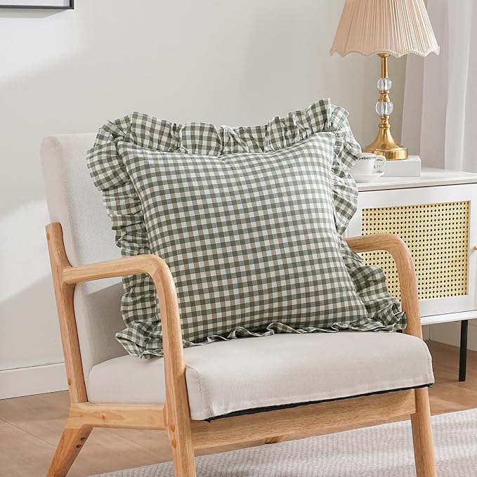 2 Pack Sage Green/White Plaid Ruffle Throw Pillow Covers Farmhouse Checkered - Image 3