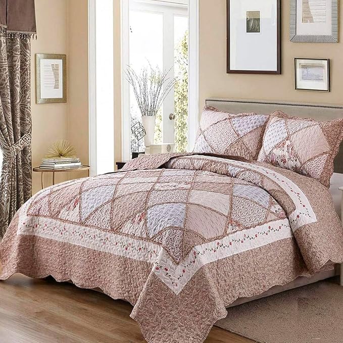 VIVILINEN Queen Size Quilt Set 3-Piece Light Pink Floral Patchwork Reversible by VIVILINEN