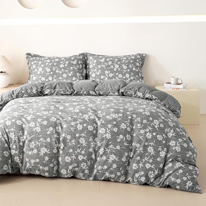 OAITE Grey Flower Queen Size Duvet Cover-3 Pieces Prewashed Cotton-Like by OAITE