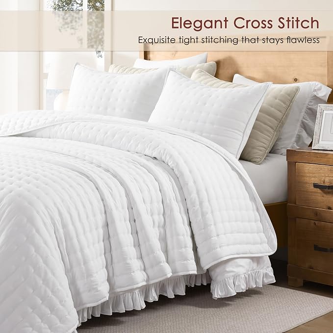 WDCOZY White Cloud Quilt Set Twin Size, Lightweight Soft Cross Stitch Bedspread - Image 3