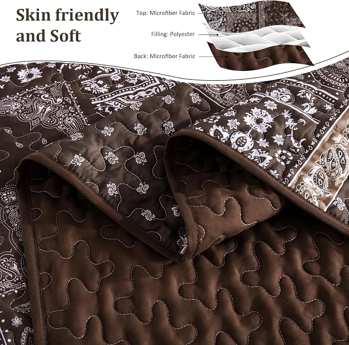 Cottolester Brown Patchwork Quilt Set Queen Size, 3 Pieces Boho Paisley Quilt - Image 5