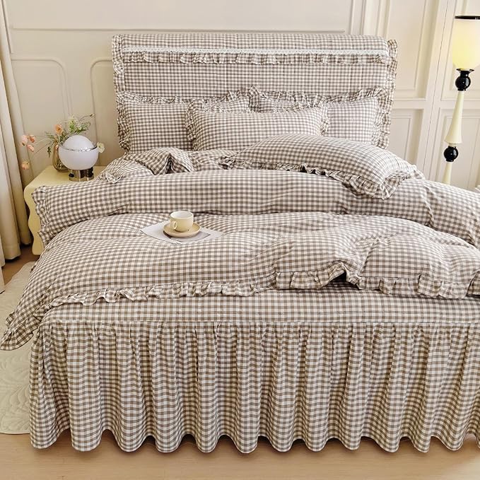 mixinni Tan Gingham Ruffle Duvet Cover Twin XL Size 3 Pieces – 100% Washed - Image 3