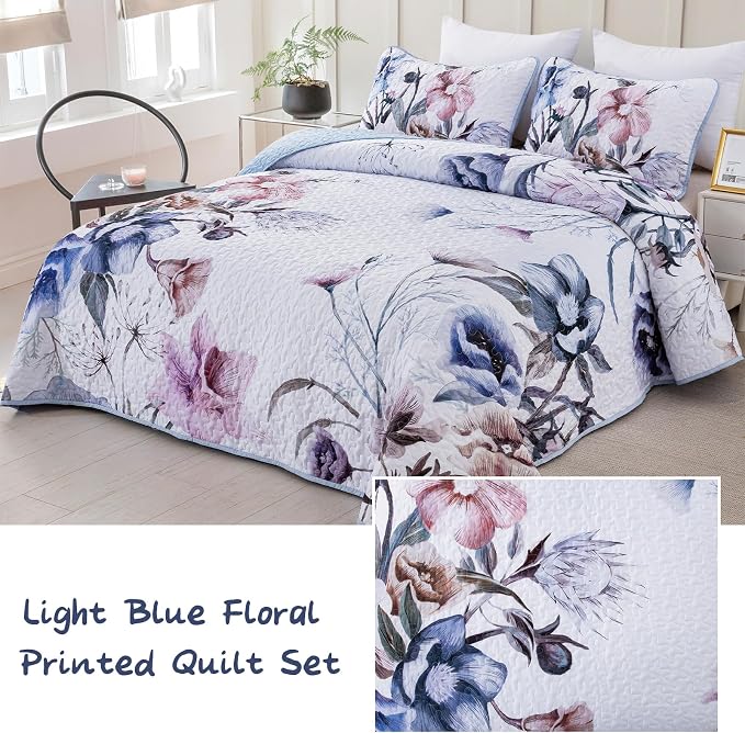 Floral Quilt Set King 3 Pieces Light Blue Floral Quilt Coverlet Set Soft - Image 2