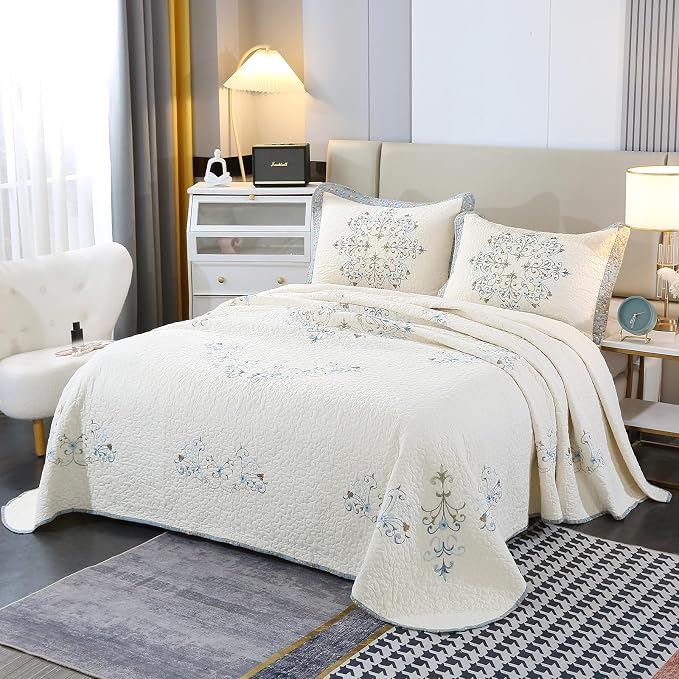 Quilt Set Floral Leaves 3D Embroidery Pattern 3 PCS Cotton Reversible Quilted by ROOMLIFE
