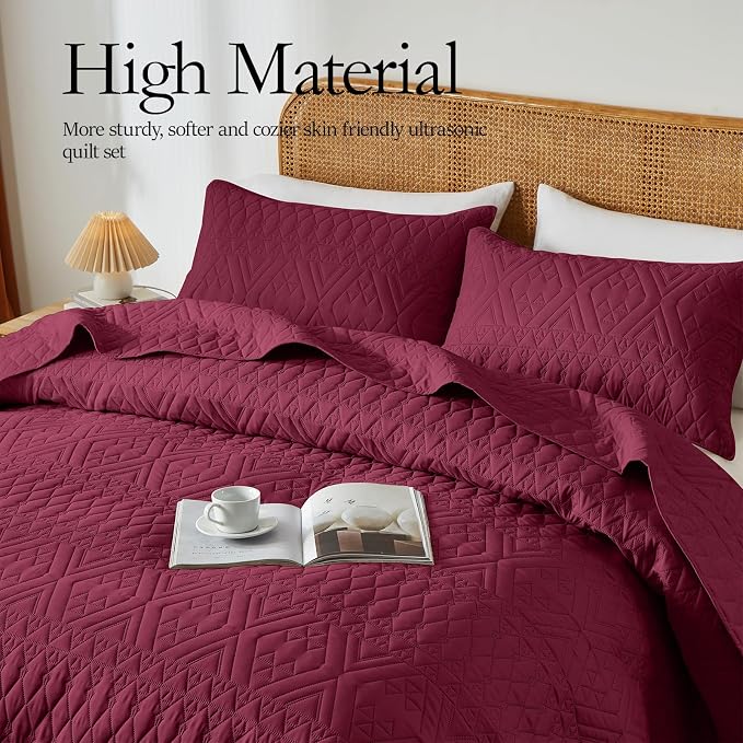 akkialla King/Cal King Quilt Set, Burgundy Lightweight Microfiber Bedspread - Image 4