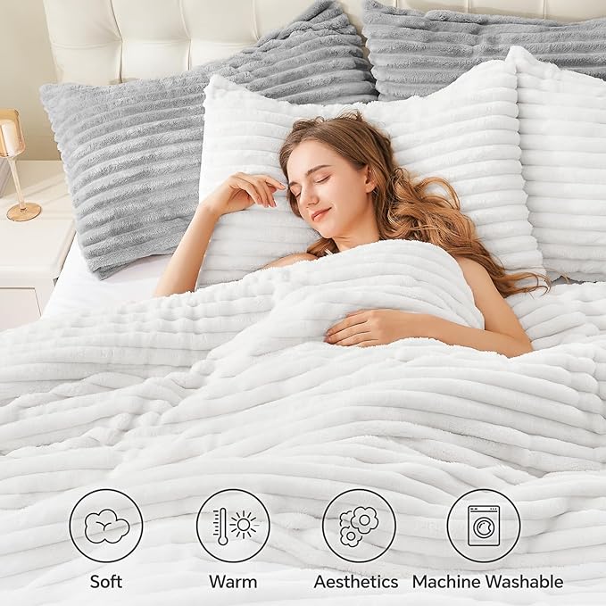 BEDELITE Fleece King Comforter Set -Super Soft & Warm Fluffy Bright White - Image 3