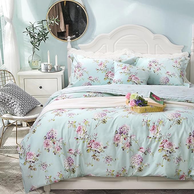 FADFAY Floral Duvet Cover Queen 100% Cotton Blue Green Farmhouse Bedding Super by CottonWorldSweetDream