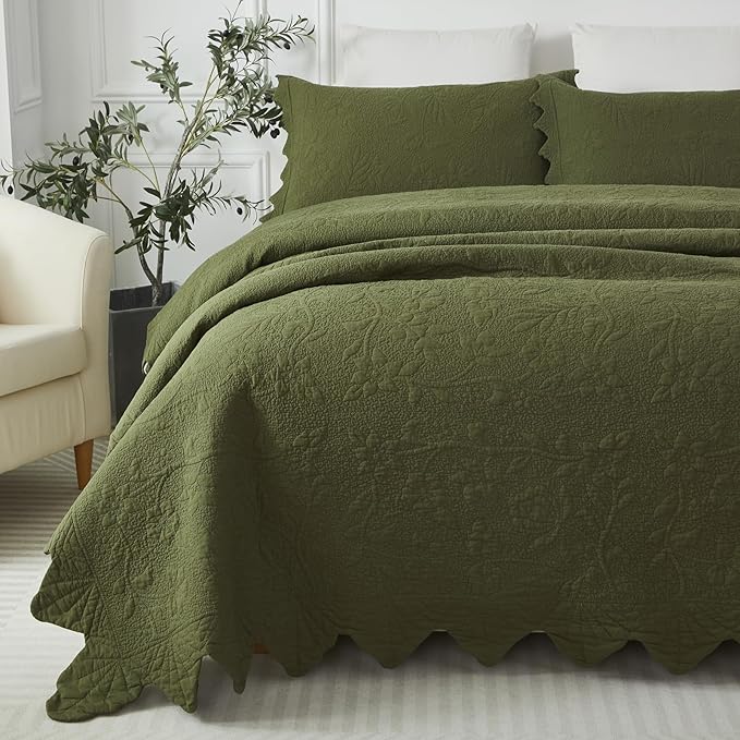 Brandream Olive Green Floral Vine Cotton Quilt Set King Size Luxury Scalloped - Image 2