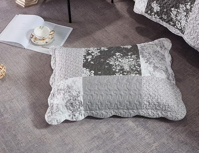 Brilliant Sunshine Grey Toile Floral Patchwork, 2-Piece Quilt Set - Image 4
