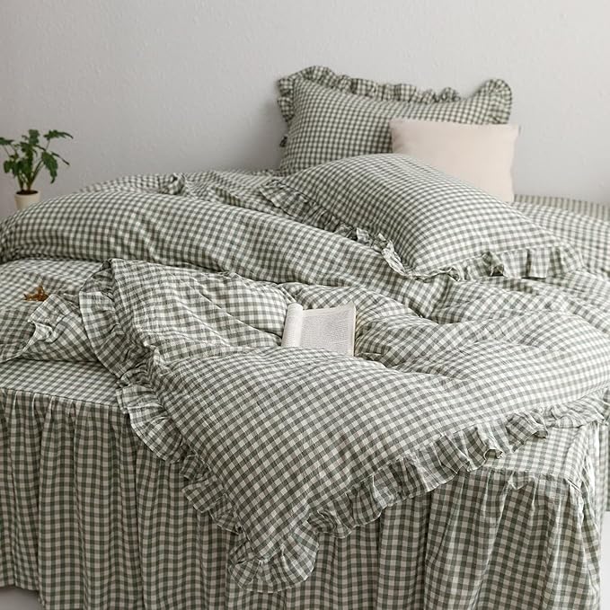 MKXI Sage Green Gingham Duvet Cover Full, 3-Piece Ruffled Bedding Set by MKXI