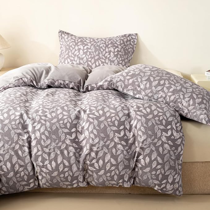 OAITE Grey Fallen Leaves Queen Size Duvet Cover-3 Pieces Prewashed Cotton-Like - Image 3