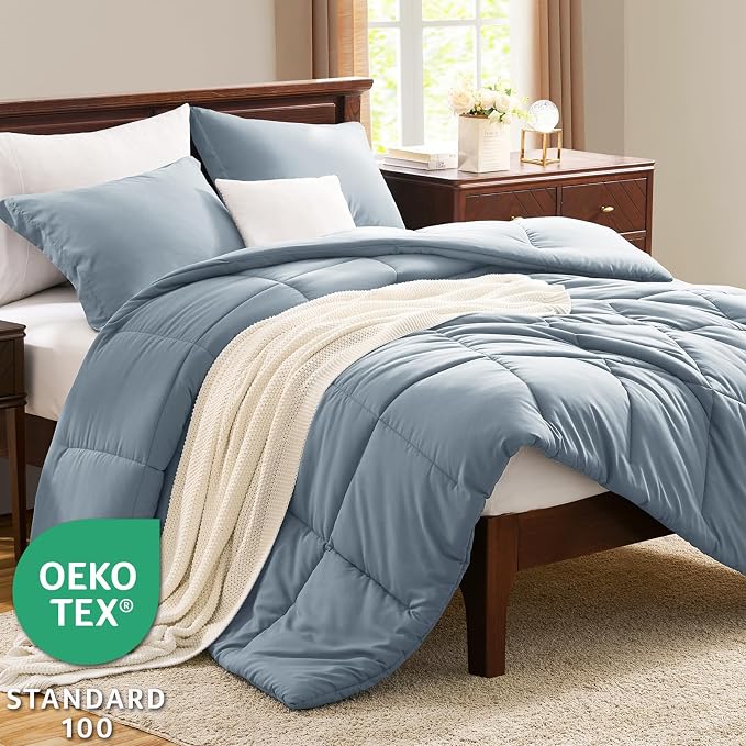 CozyLux Oversized Queen Comforter Set, 3 Pieces Grayish Blue 98x98 Box Stitched - Image 3