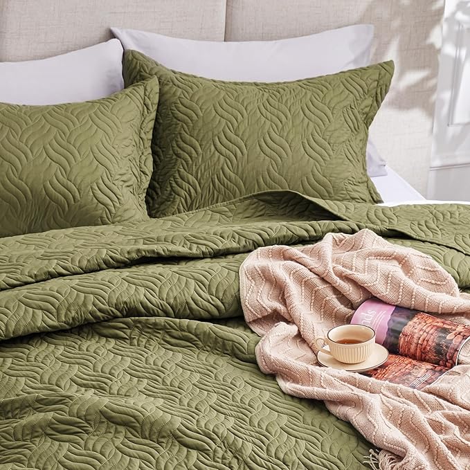 Love's cabin King Size Quilt Bedding Set Olive Green Bedspreads - Image 7