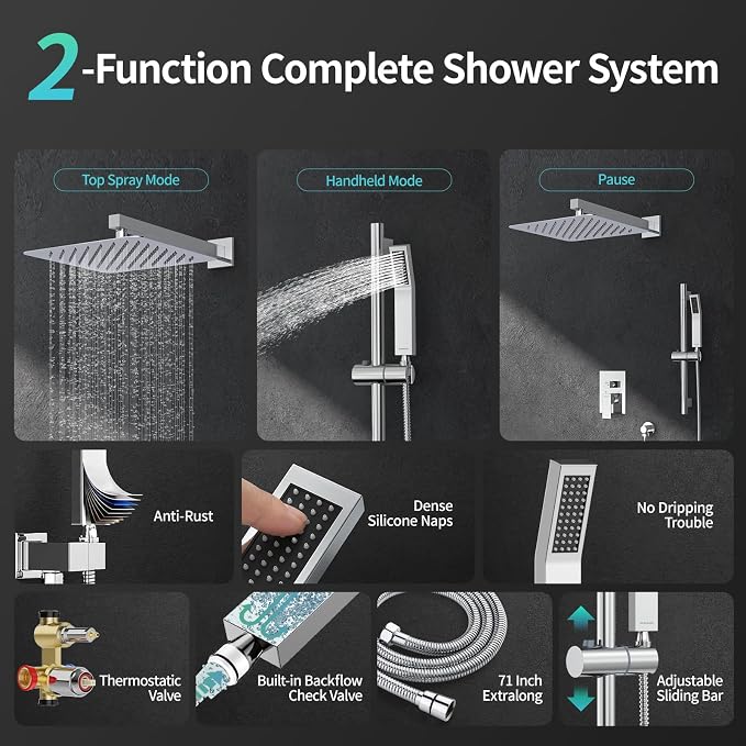 SR SUN RISE 12 Inch Slide Bar Shower System, Square Rain Shower Head and - Image 3
