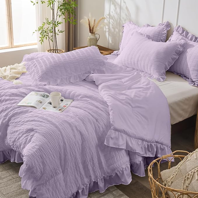 JOLLYVOGUE Lavender Queen Comforter Set, 3 Pieces Seersucker Comforters Queen - Image 8