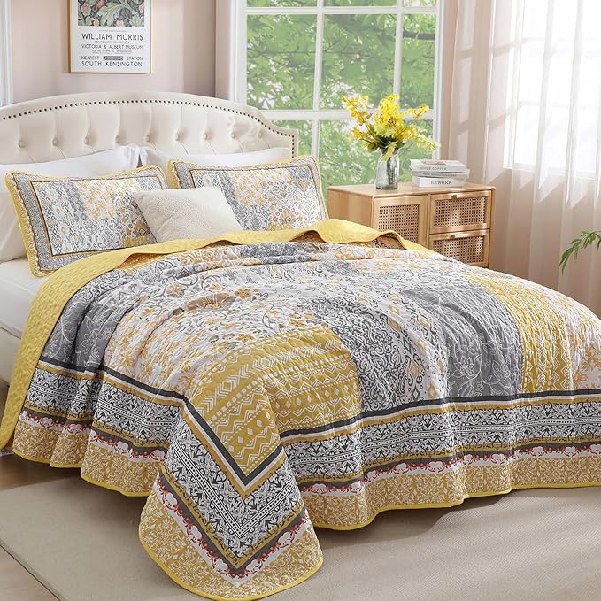WONGS BEDDING Yellow Quilt Set Queen, Bohemian Patchwork Bedspread Coverlet Set - Image 2