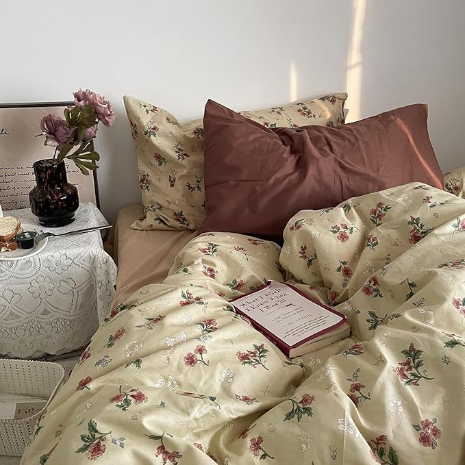 MKXI Yellowish Beige & Red Floral Duvet Cover Set Queen Size - Image 4