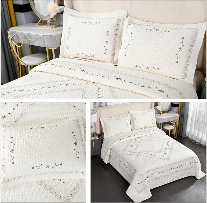 ROOMLIFE Quilt Set Full Size 3D Floral Embroidery Pattern 3-Piece Cotton - Image 8