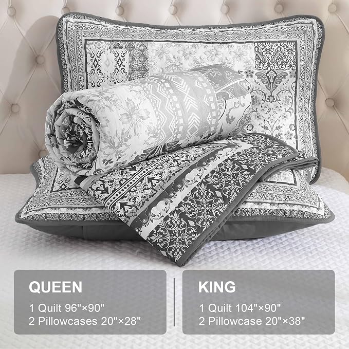 WONGS BEDDING Grey Quilt Set King Size, Bohemian Floral Patchwork Bedspread - Image 6
