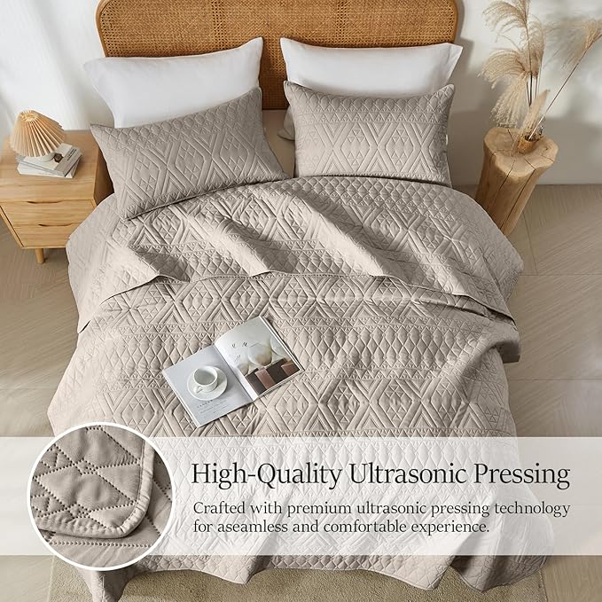 akkialla Full/Queen Quilt Set, Taupe Lightweight Microfiber Bedspread Coverlet - Image 3