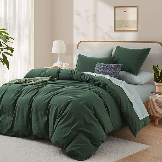 LOVQUE Forest Green Duvet Cover Full Size, 100% Washed Cotton Linen Like - Image 2