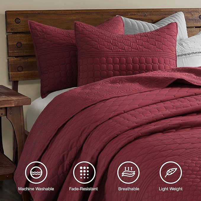 HORIMOTE HOME Burgundy Red Queen Size Quilt Set - Image 2