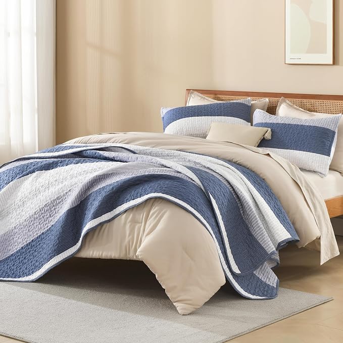 Litanika Oversized King Quilt Set Mineral Blue, 128x120 Stripe Bedspread - Image 4