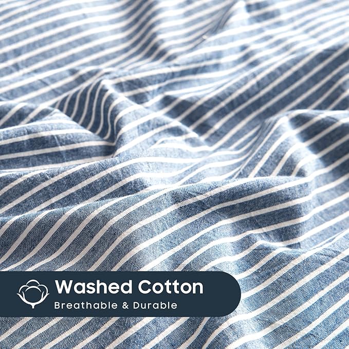 Wake In Cloud - Striped Cotton Duvet Cover Set, 100% Washed Cotton Textured - Image 6