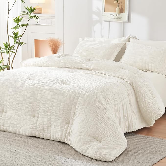 HYMOKEGE Ivory Oversized King Comforter Set Seersucker 7 Pieces, All Season - Image 7