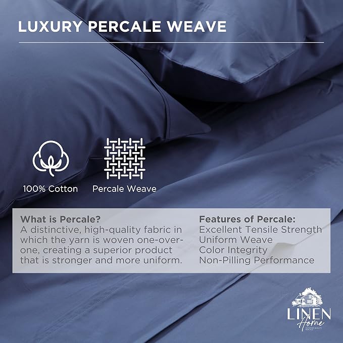 Linen Home 100% Cotton Percale 1 Flat Sheet, Full Size - Image 2