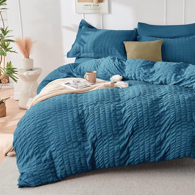 HYMOKEGE Teal California King Comforter Set Seersucker 7 Pieces, All Season - Image 2