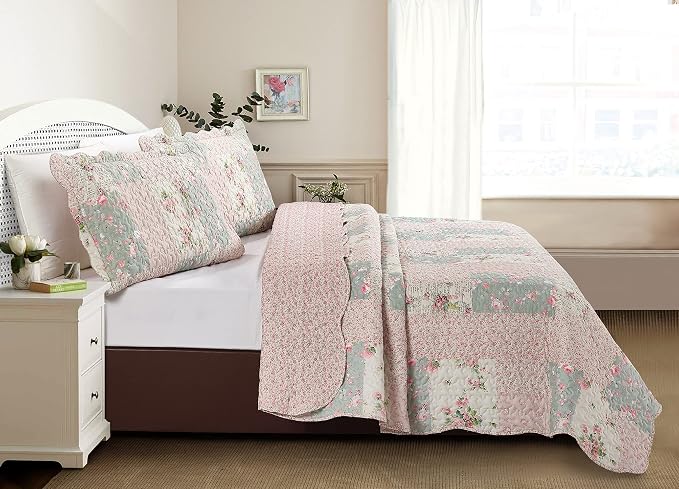 Brilliant Sunshine Rose and Sage Quilt Set, 3-Piece Bedding Sets - Image 2