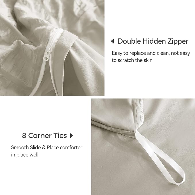 JELLYMONI Beige Duvet Cover Full Size, Soft Breathable Seersucker Duvet Cover - Image 6