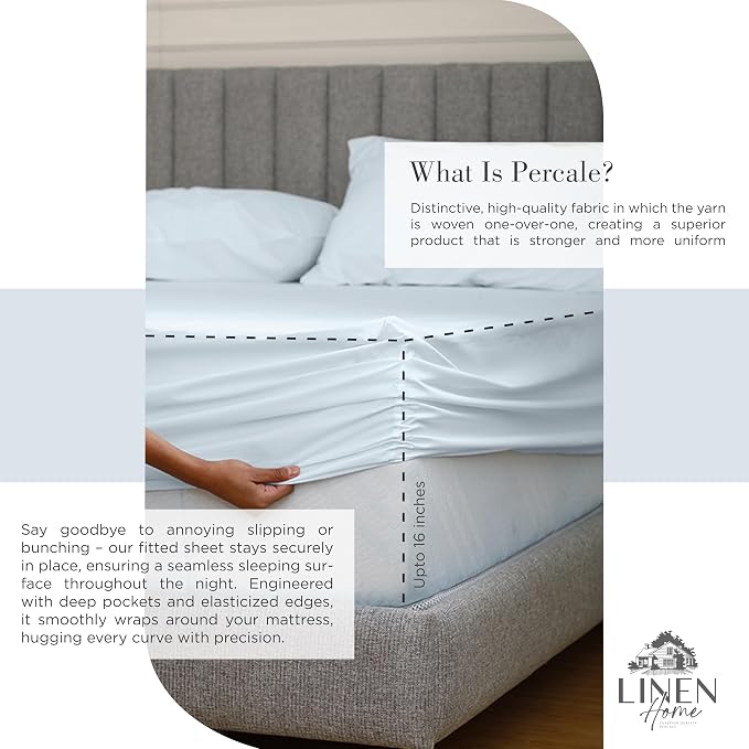 Linen Home 100% Cotton Percale Sheets Queen Size, Deep Pocket, 4 Pieces Set - Image 4